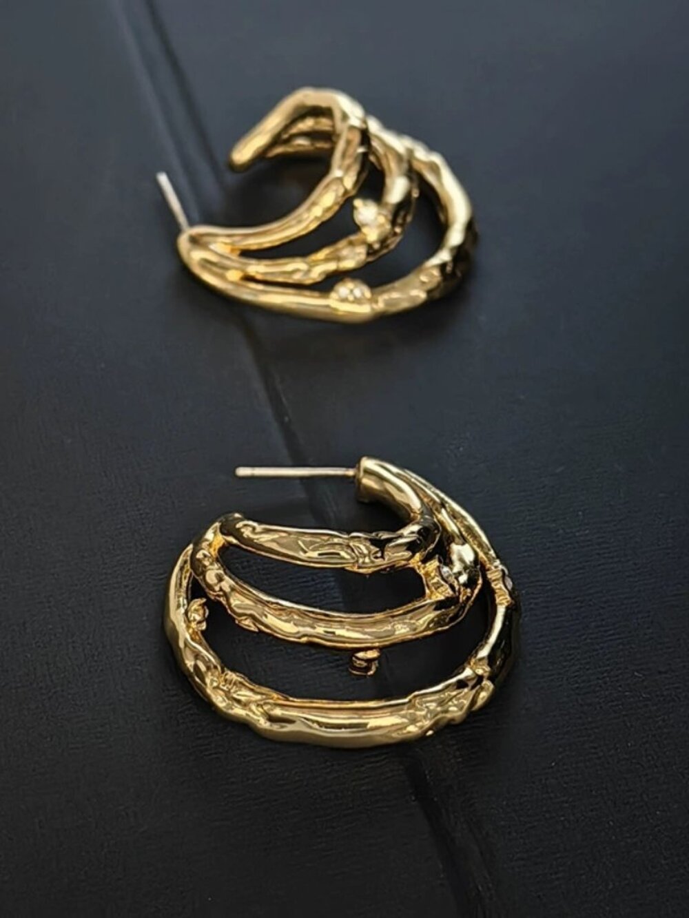 Gold Multi-layer Textured C-shaped Hoop Earrings with Tiny Rhinestones